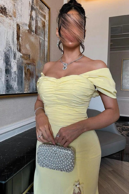 Trendy Mermaid Off The Shoulder Yellow Long Party Dress With Lace Split Front AD774