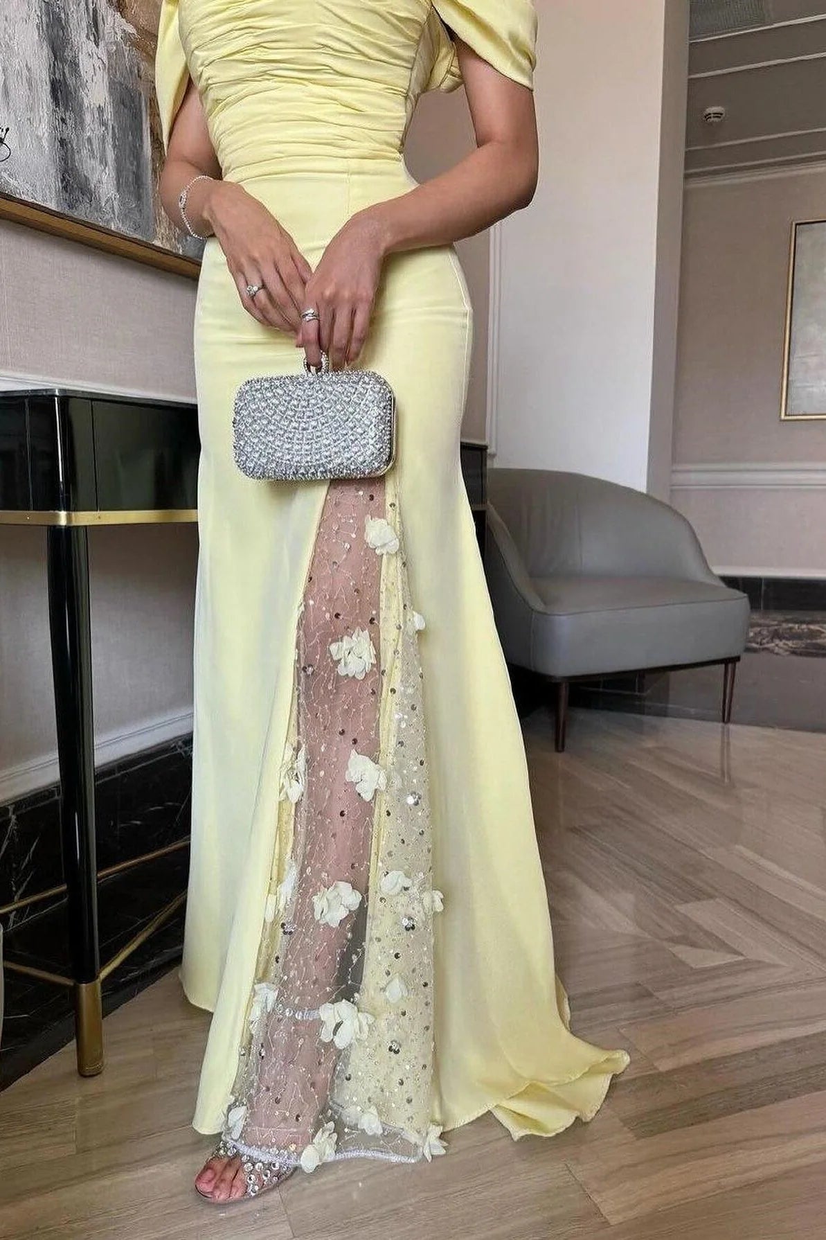 Trendy Mermaid Off The Shoulder Yellow Long Party Dress With Lace Split Front AD774
