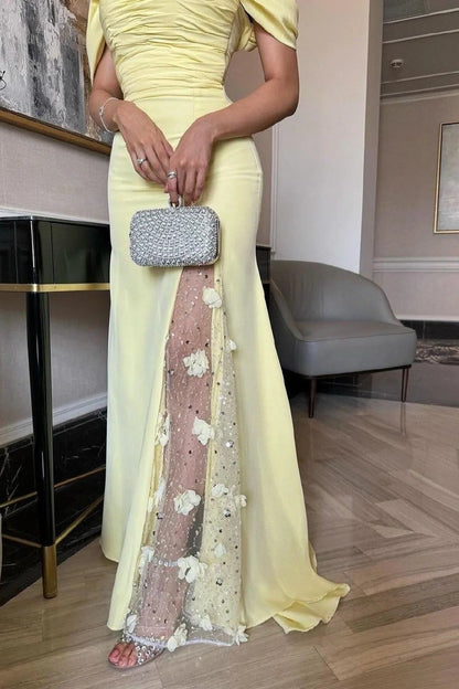 Trendy Mermaid Off The Shoulder Yellow Long Party Dress With Lace Split Front AD774