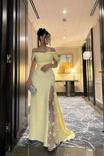 Trendy Mermaid Off The Shoulder Yellow Long Party Dress With Lace Split Front AD774