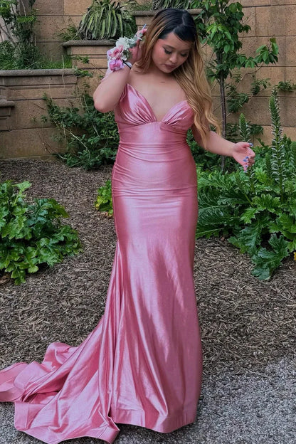 Trendy Mermaid V Neck Pink Long Party Dress With Sweep Train AD776