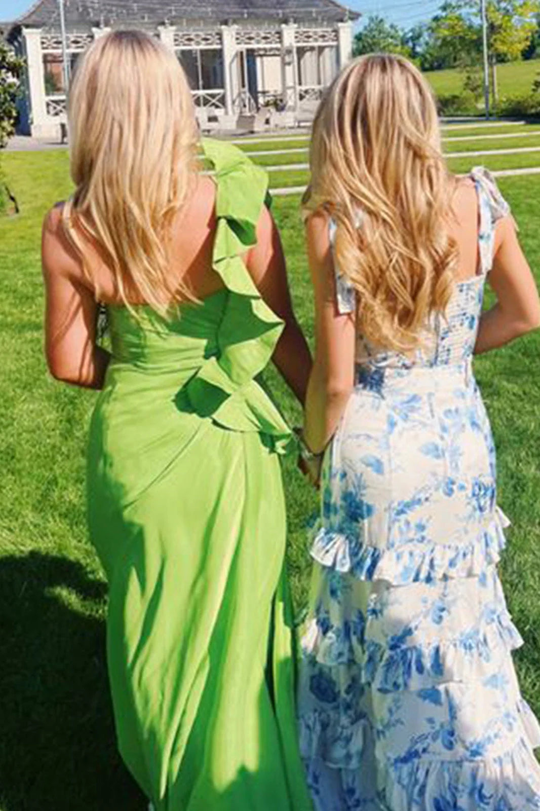 Beautiful A Line Straps Blue Printed Long Prom Dress With Ruffles AD777