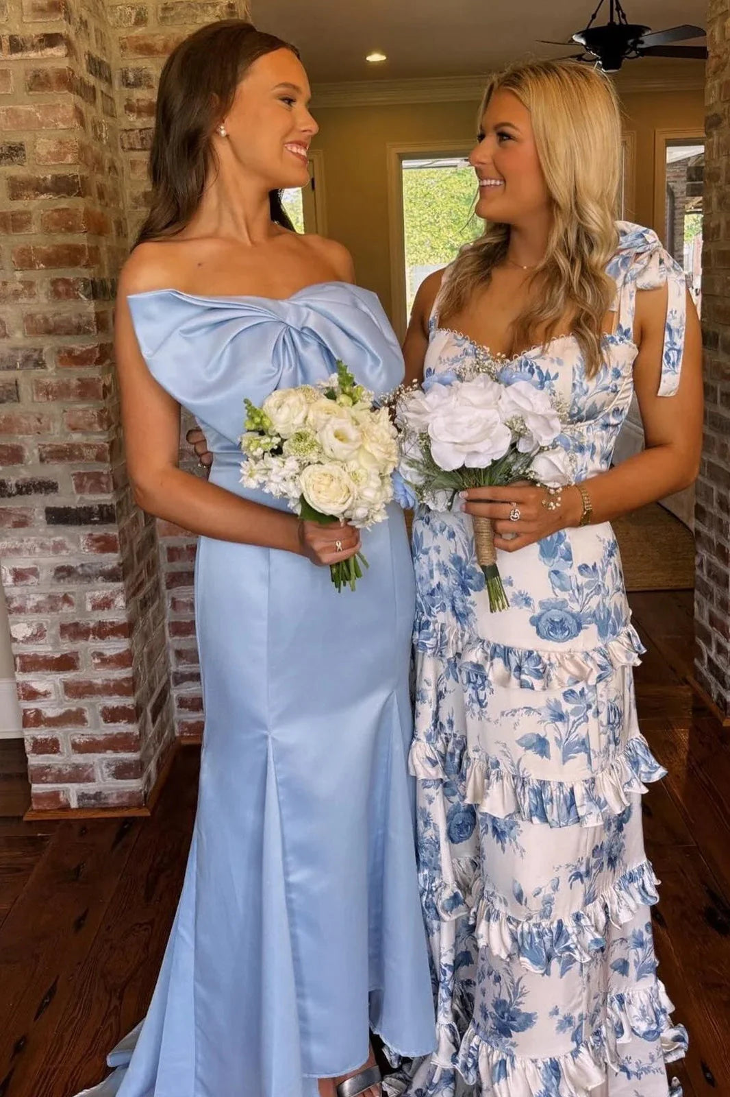 Beautiful A Line Straps Blue Printed Long Prom Dress With Ruffles AD777