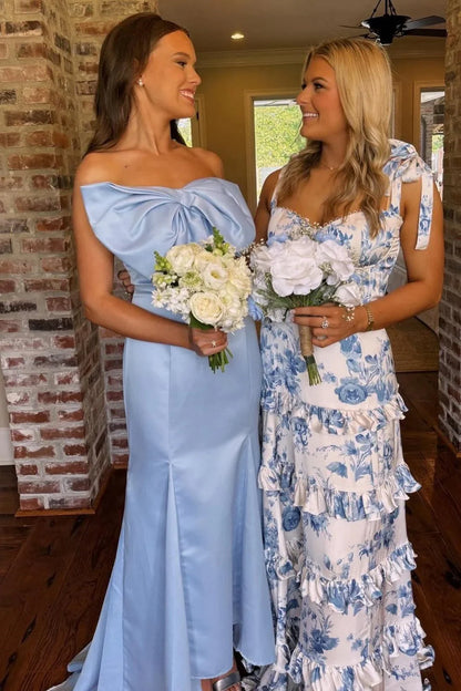 Beautiful A Line Straps Blue Printed Long Prom Dress With Ruffles AD777