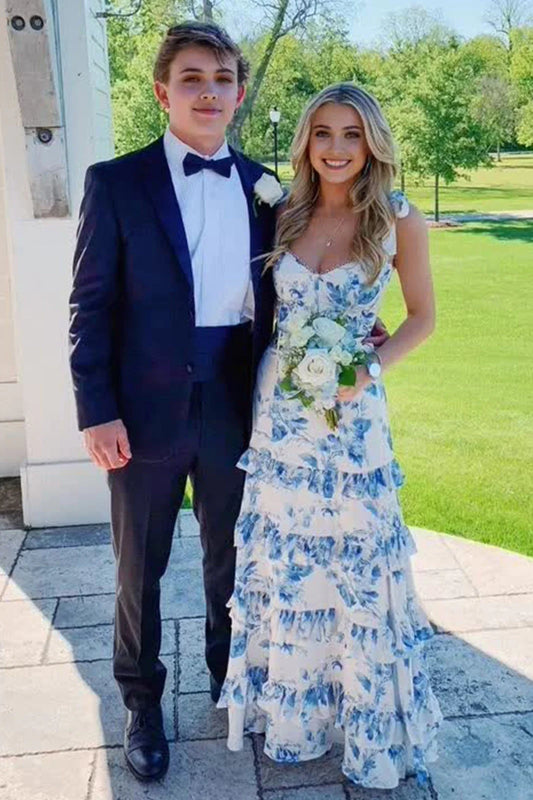 Beautiful A Line Straps Blue Printed Long Prom Dress With Ruffles AD777