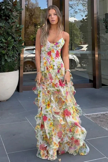 Chic A Line Spaghetti Straps Blue Floral Printed Long Party Dress AD779