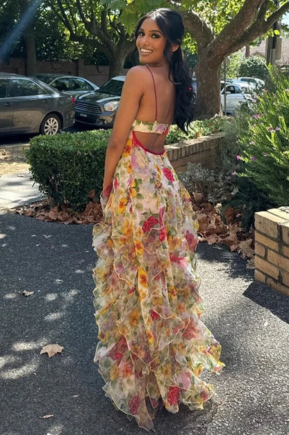 Chic A Line Spaghetti Straps Blue Floral Printed Long Party Dress AD779