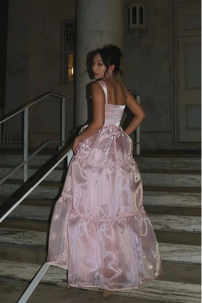 Princess A Line Spaghetti Straps Pink Long Prom Dress With Lace Ruffles AD780
