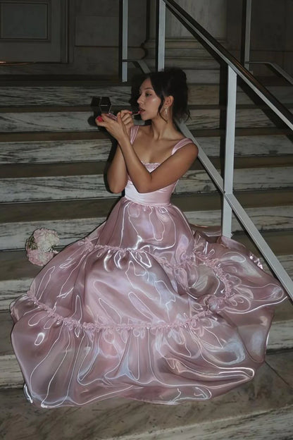 Princess A Line Spaghetti Straps Pink Long Prom Dress With Lace Ruffles AD780