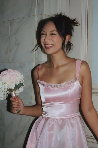 Princess A Line Spaghetti Straps Pink Long Prom Dress With Lace Ruffles AD780