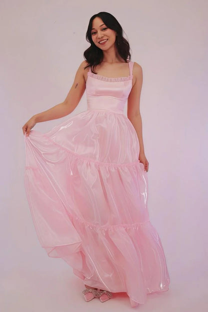 Princess A Line Spaghetti Straps Pink Long Prom Dress With Lace Ruffles AD780