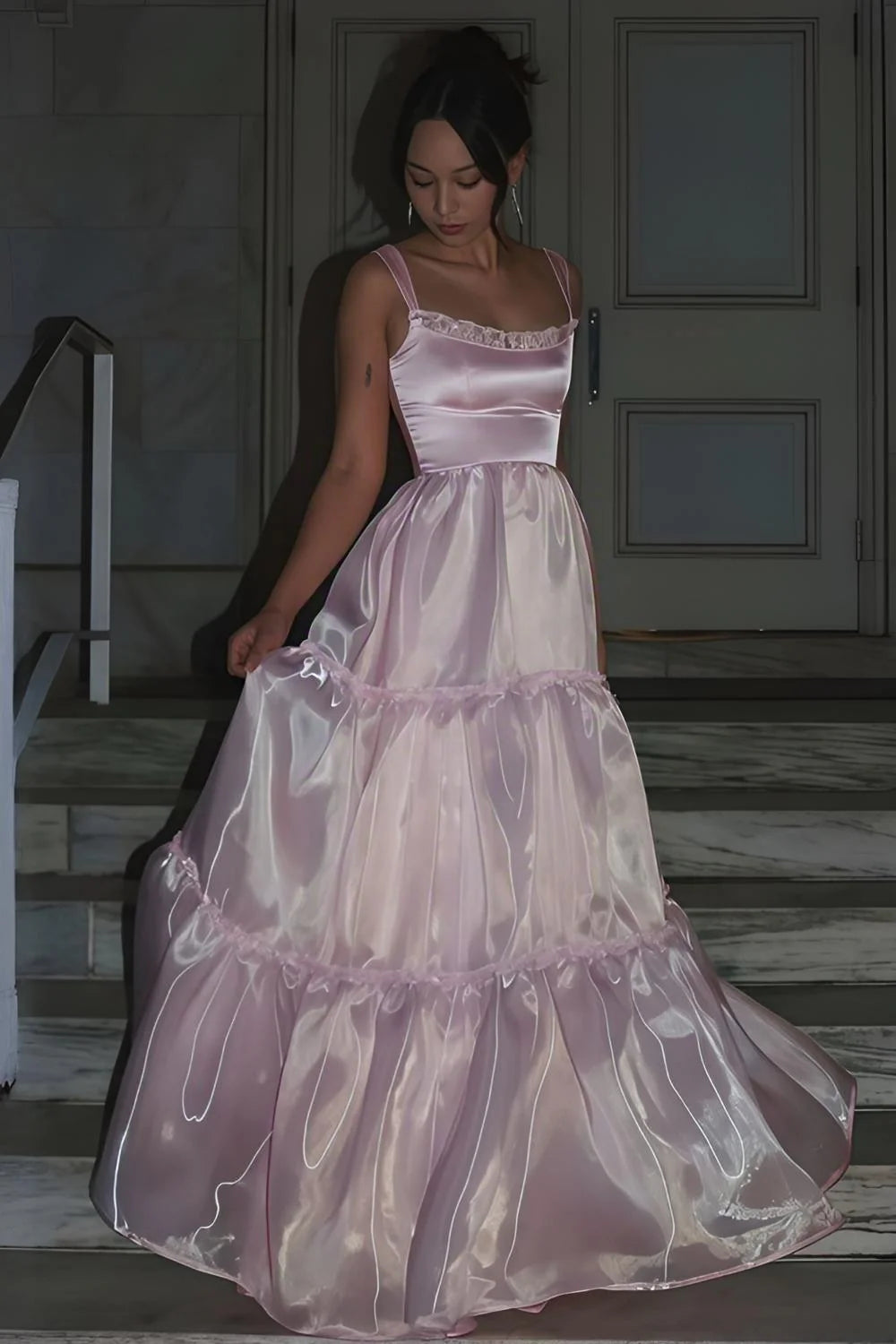 Princess A Line Spaghetti Straps Pink Long Prom Dress With Lace Ruffles AD780