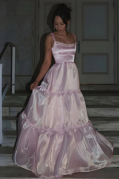 Princess A Line Spaghetti Straps Pink Long Prom Dress With Lace Ruffles AD780