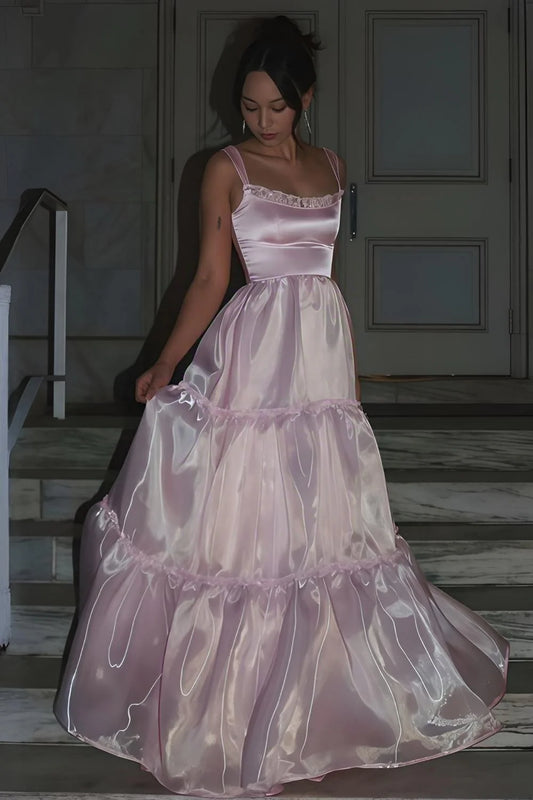 Princess A Line Spaghetti Straps Pink Long Prom Dress With Lace Ruffles AD780
