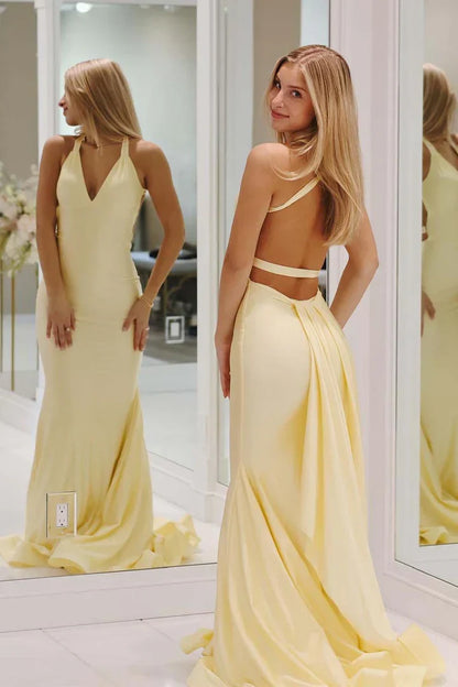 Charming Mermaid Deep V Neck Yellow Long Prom Dress With Backless AD781
