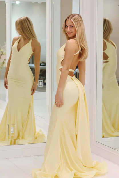 Charming Mermaid Deep V Neck Yellow Long Prom Dress With Backless AD781