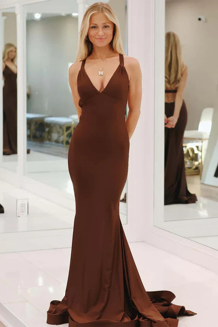Charming Mermaid Deep V Neck Yellow Long Prom Dress With Backless AD781