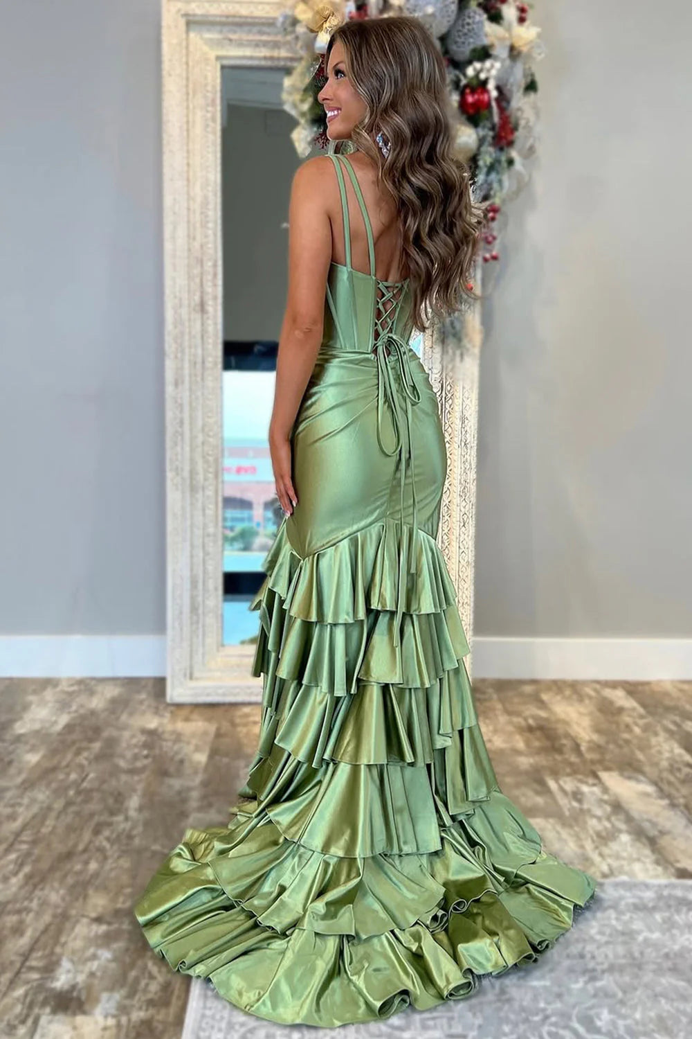 Trendy Mermaid V-Neck Sage Green Long Prom Dress With Ruffles AD782
