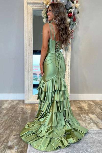 Trendy Mermaid V-Neck Sage Green Long Prom Dress With Ruffles AD782