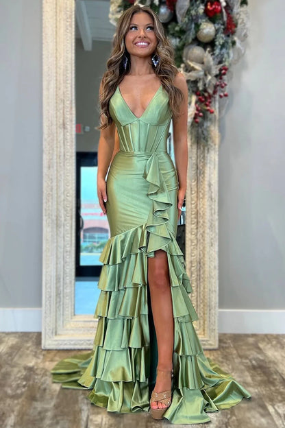 Trendy Mermaid V-Neck Sage Green Long Prom Dress With Ruffles AD782