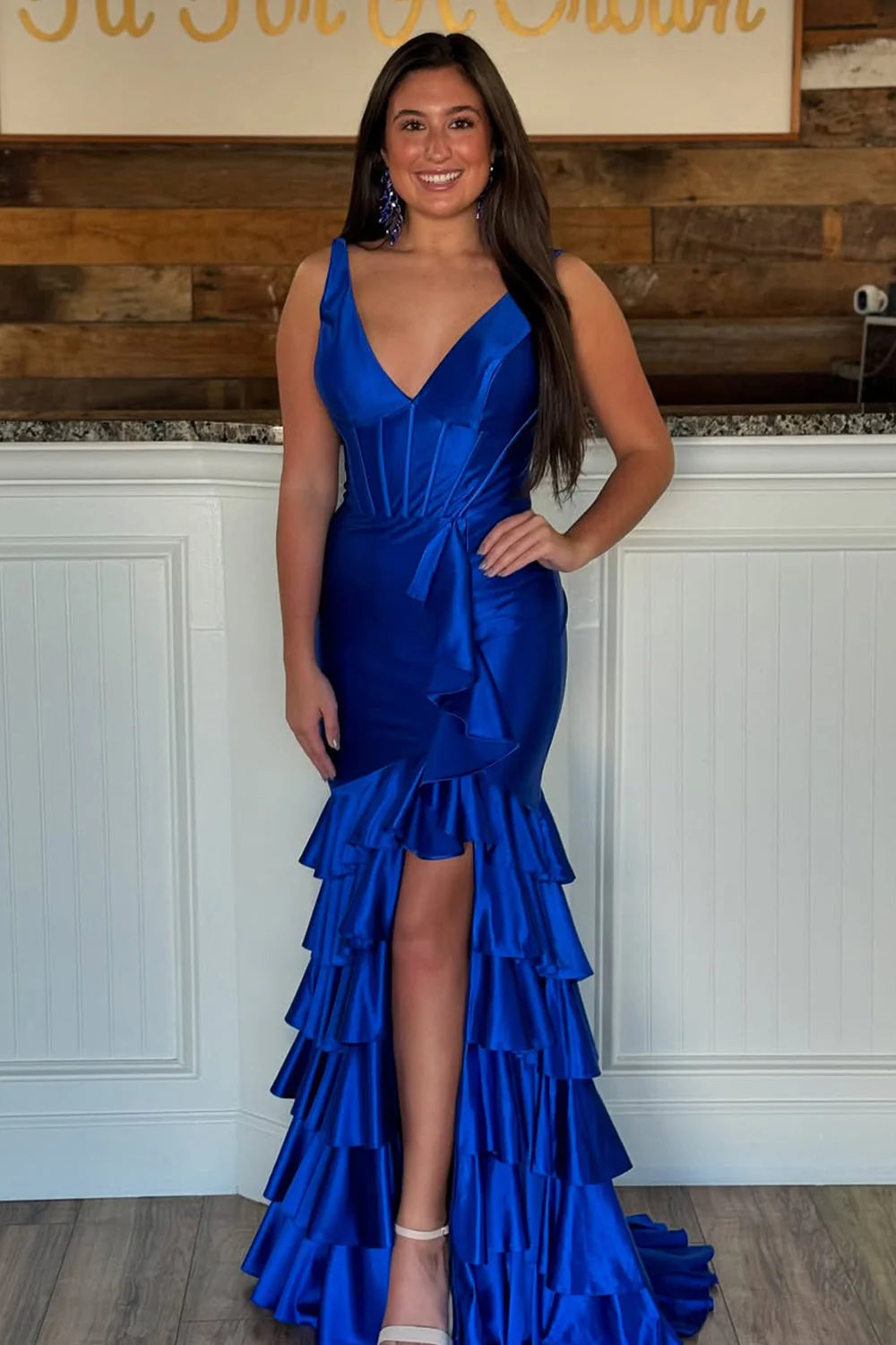 Trendy Mermaid V-Neck Sage Green Long Prom Dress With Ruffles AD782