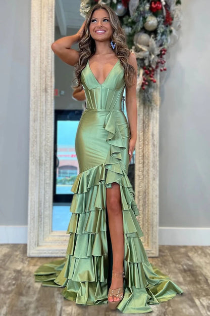Trendy Mermaid V-Neck Sage Green Long Prom Dress With Ruffles AD782