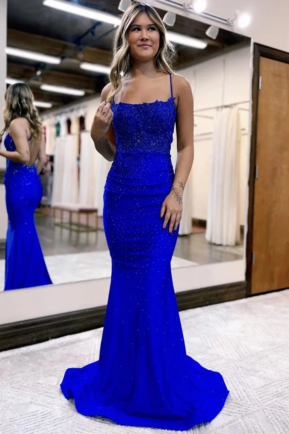 Styish Mermaid Spaghetti Straps Dark Green Long Prom Dress Cross Back With Beading AD783