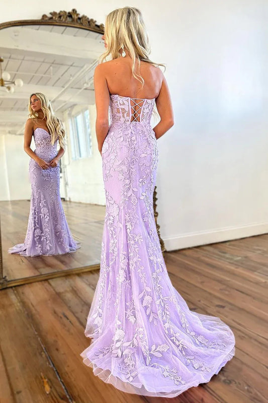 Stunning Mermaid Sweetheart Lace Up Lilac Long Corset Prom Dress With Appliques AD784