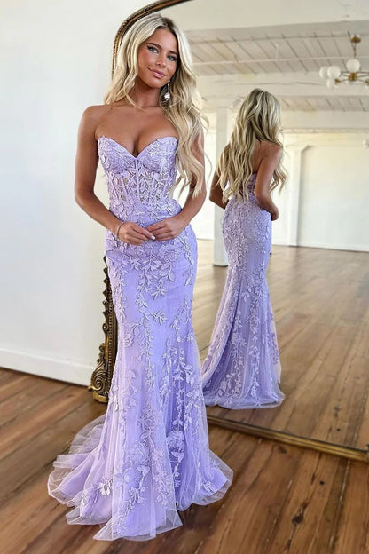 Stunning Mermaid Sweetheart Lace Up Lilac Long Corset Prom Dress With Appliques AD784