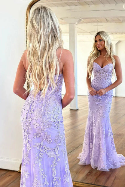 Stunning Mermaid Sweetheart Lace Up Lilac Long Corset Prom Dress With Appliques AD784