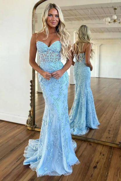 Stunning Mermaid Sweetheart Lace Up Lilac Long Corset Prom Dress With Appliques AD784