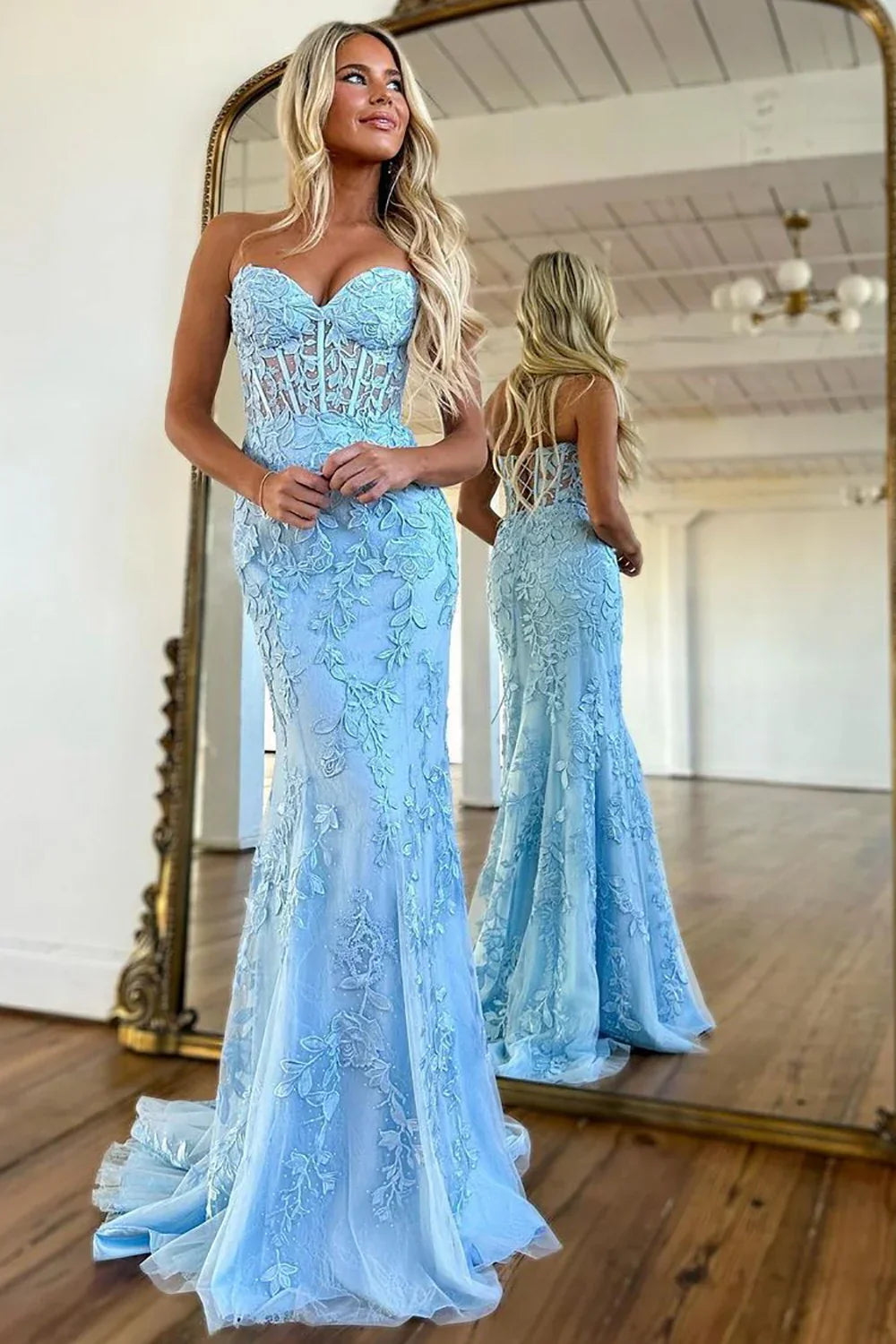 Stunning Mermaid Sweetheart Lace Up Lilac Long Corset Prom Dress With Appliques AD784