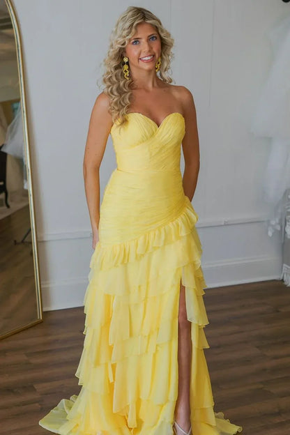Sweety Mermaid Sweetheart Yellow Long Tulle Prom Dress With Ruffles AD785