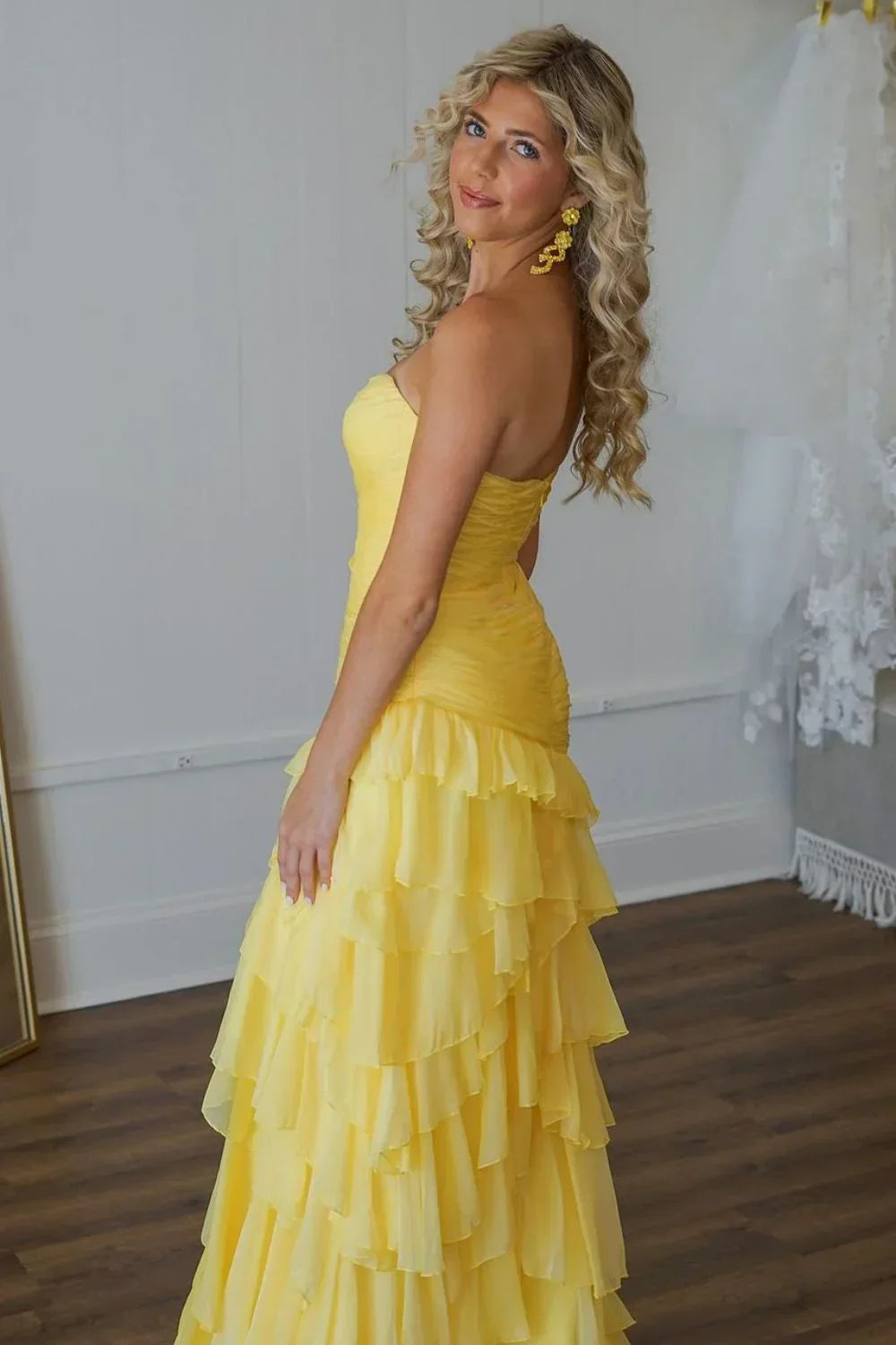 Sweety Mermaid Sweetheart Yellow Long Tulle Prom Dress With Ruffles AD785