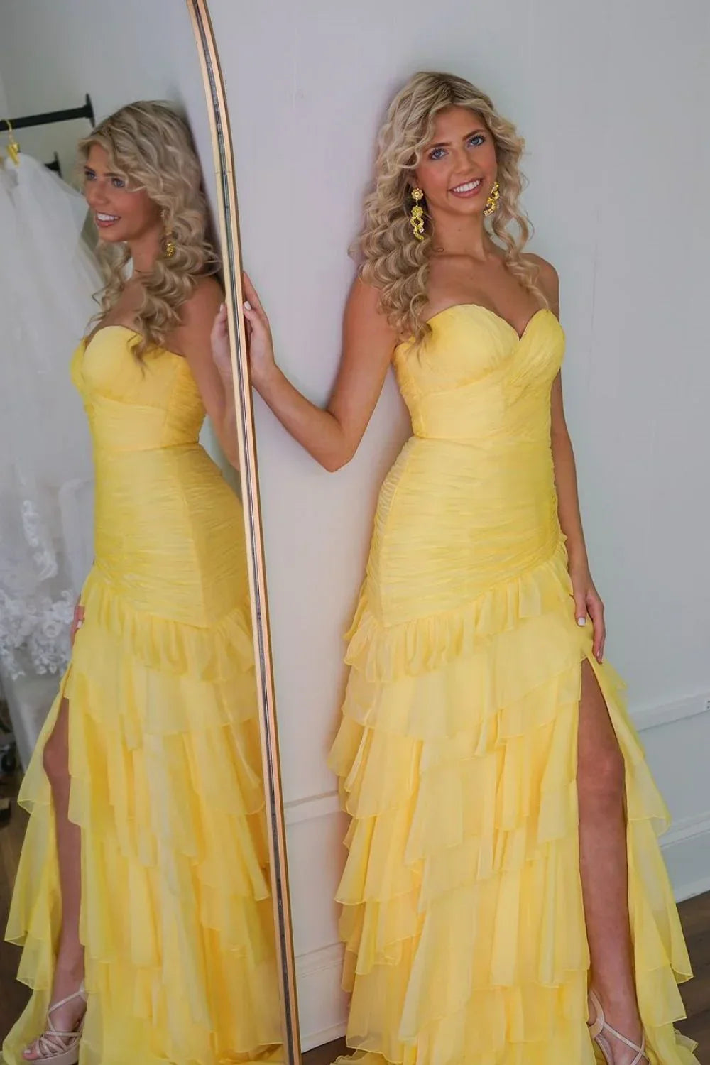 Sweety Mermaid Sweetheart Yellow Long Tulle Prom Dress With Ruffles AD785
