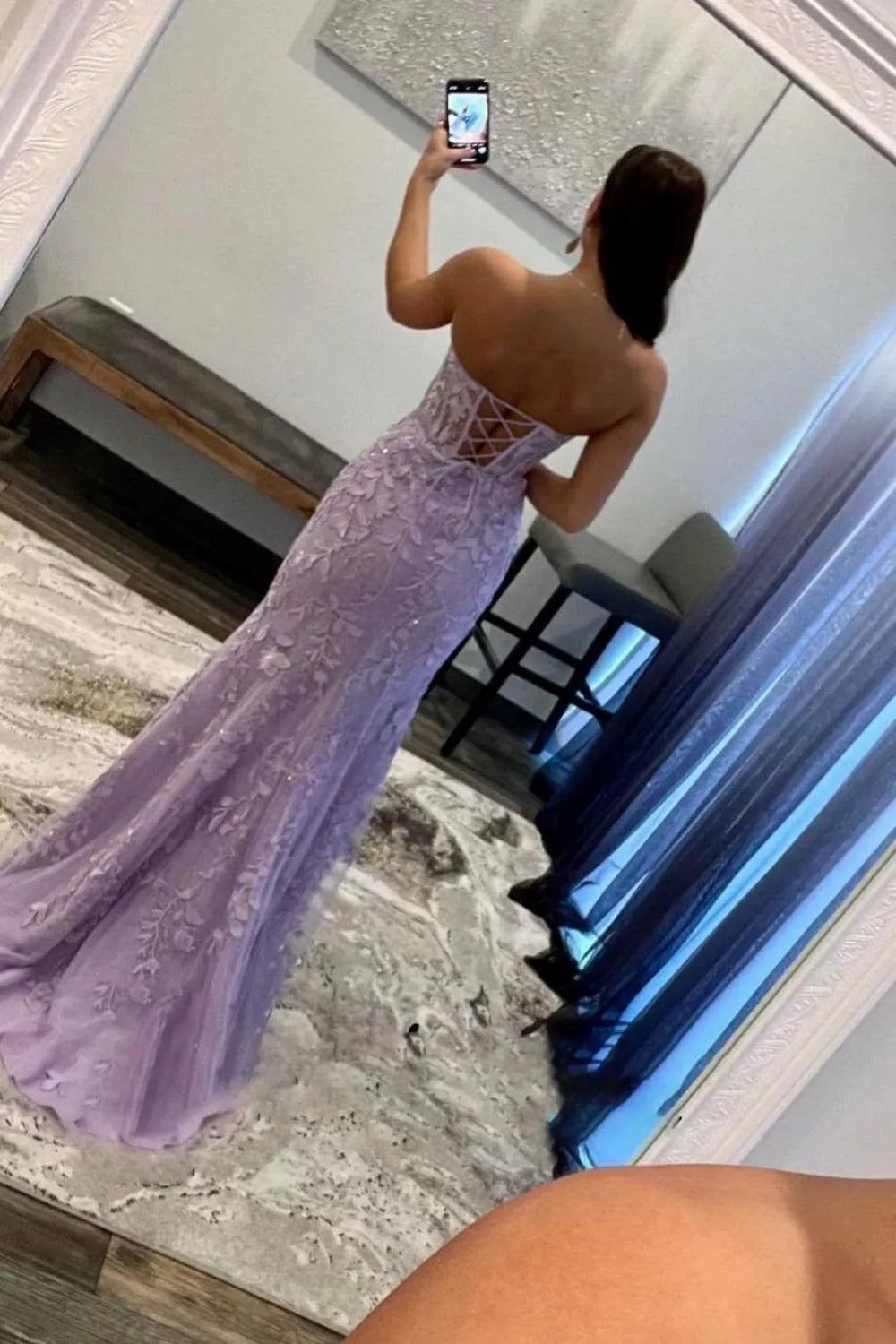 Stunning Mermaid Sweetheart Lilac Long Lace Corset Prom Dress With Appliques AD786