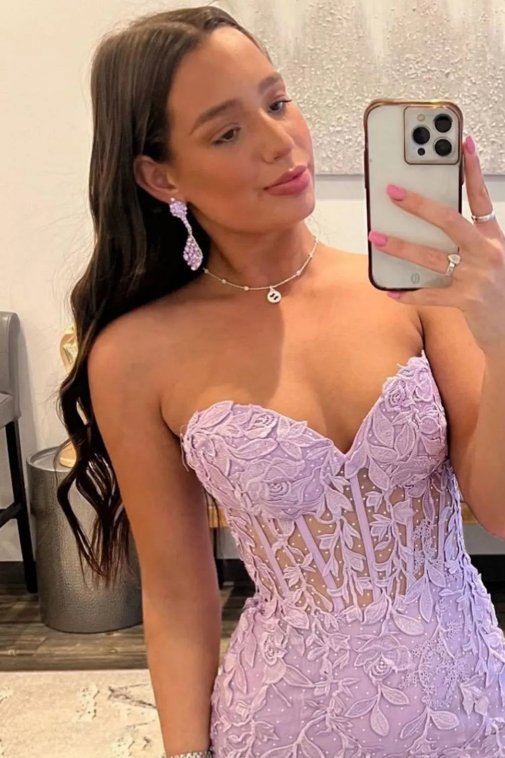 Stunning Mermaid Sweetheart Lilac Long Lace Corset Prom Dress With Appliques AD786