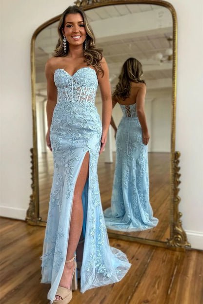 Stunning Mermaid Sweetheart Lilac Long Lace Corset Prom Dress With Appliques AD786