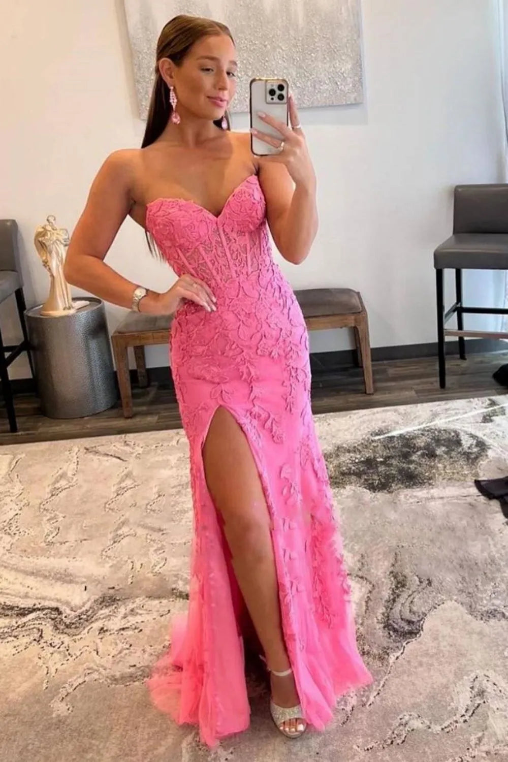 Stunning Mermaid Sweetheart Lilac Long Lace Corset Prom Dress With Appliques AD786
