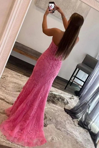 Stunning Mermaid Sweetheart Lilac Long Lace Corset Prom Dress With Appliques AD786