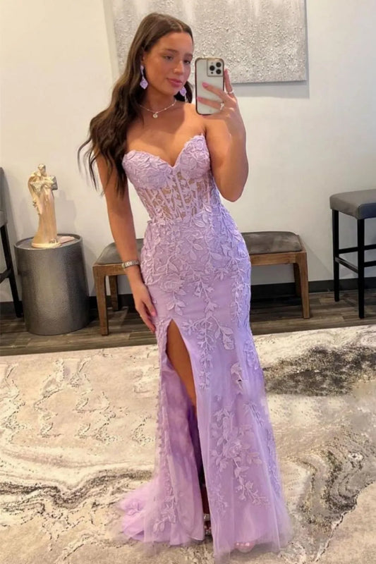 Stunning Mermaid Sweetheart Lilac Long Lace Corset Prom Dress With Appliques AD786