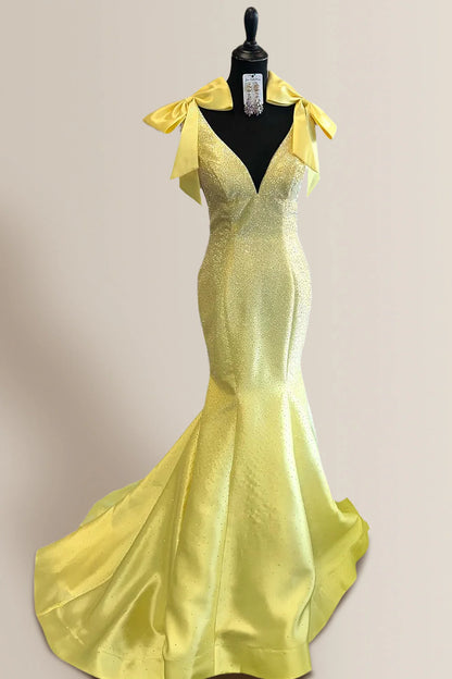 Charming Mermaid V-Neck Yellow Long Beaded Prom Dress With Bowknot AD787
