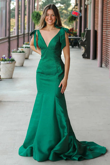 Charming Mermaid V-Neck Yellow Long Beaded Prom Dress With Bowknot AD787