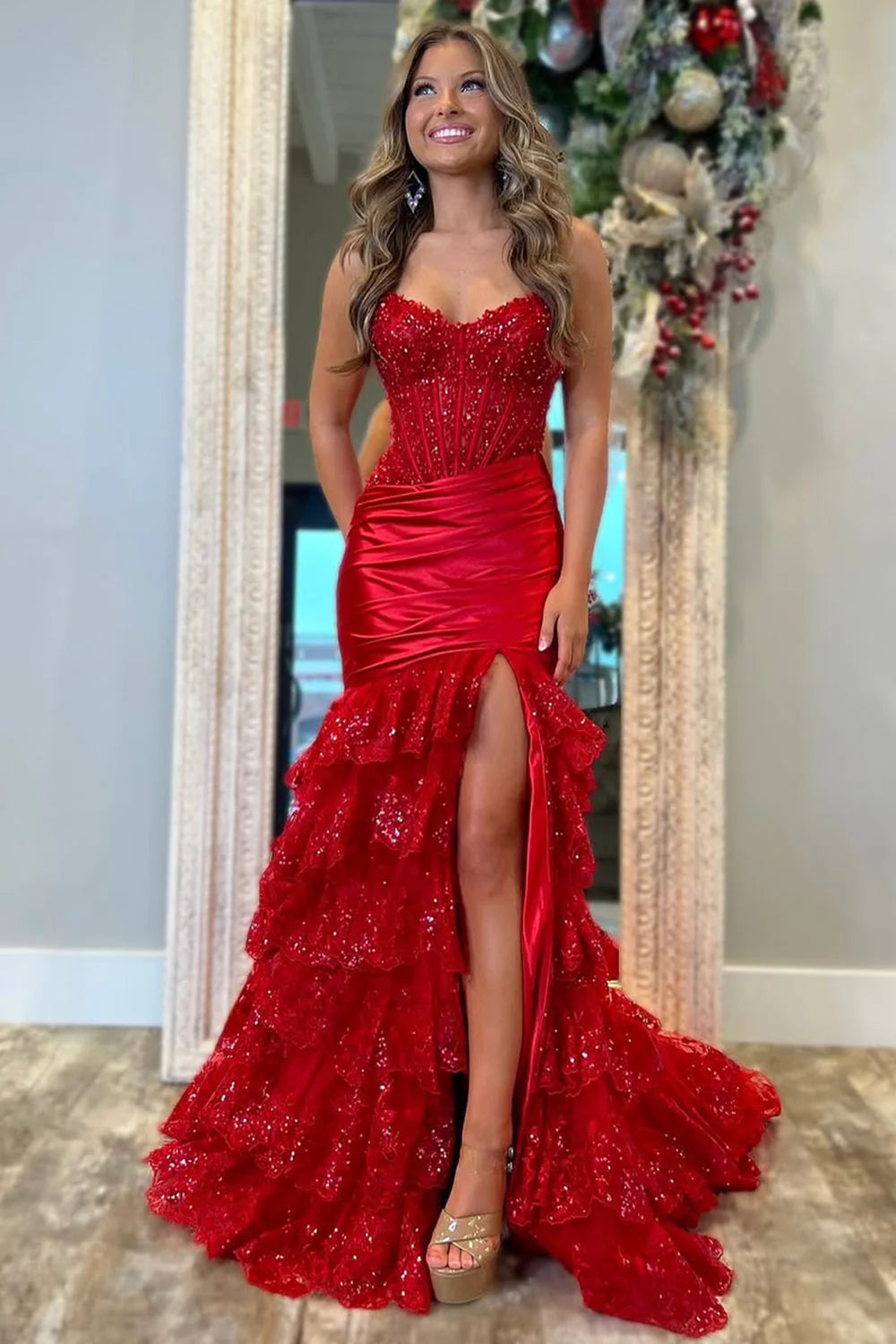 Gorgeous Red Sweetheart Strapless Long Tiered Sequin And Satin Prom Dress AD788