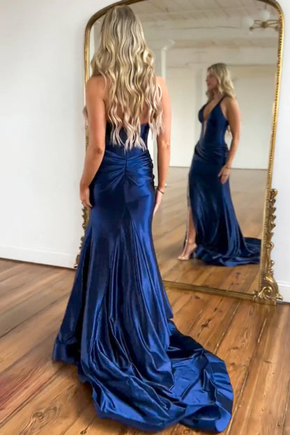 Navy Satin Halter Prom Dress With Fitted Mermaid Shape And Slit Detail AD790