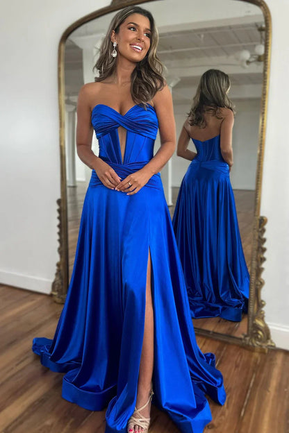 Royal Blue Satin Prom Dress Featuring A Sweetheart Neckline And A-Line Shape AD791