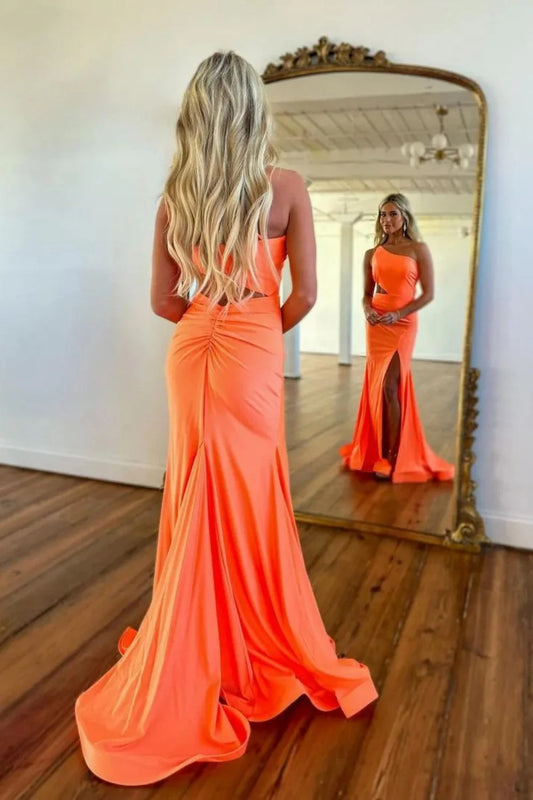 Orange One Shoulder Satin Mermaid Prom Dress With Cutout Waist And Slit AD792