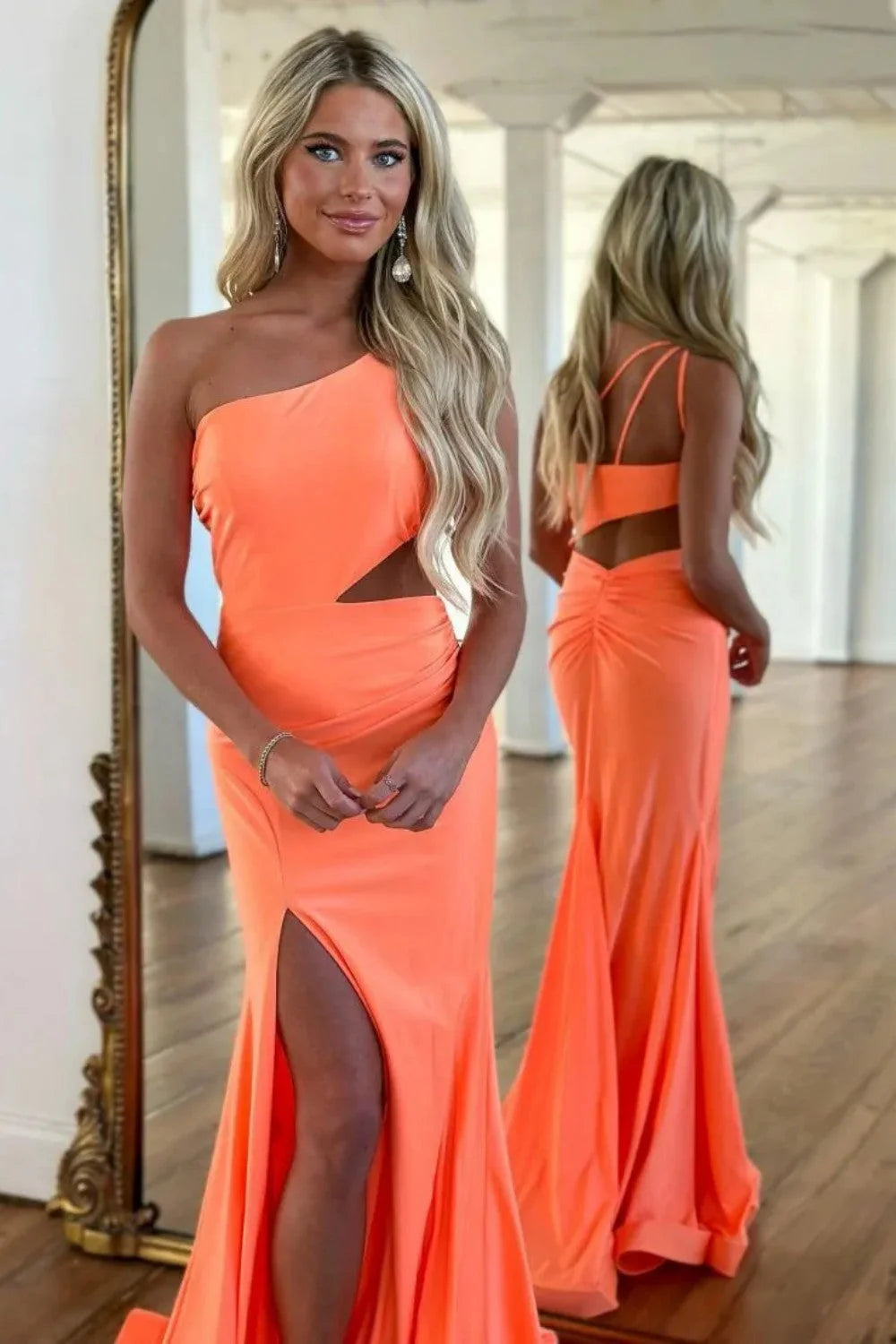 Orange One Shoulder Satin Mermaid Prom Dress With Cutout Waist And Slit AD792