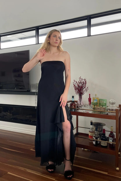 Stylish Sheath Strapless Black Long Party Dress With Ruffles AD793