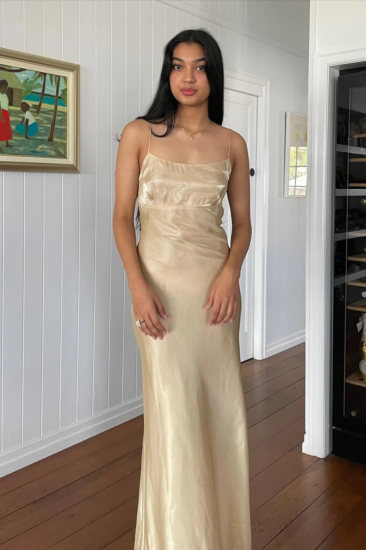 Simple Sheath Spaghetti Straps Champagne Long Party Dress With Backless AD794